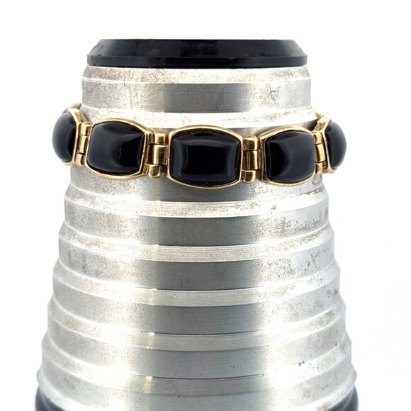 Estate Black Onyx Bracelet Gold Over Sterling Silver 925, 7.85", 30g, Marked - Picture 4 of 9